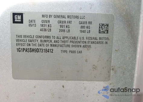 2013 Chevrolet Cruze Ls Auto z USA, uszkodzony, nr VIN 1G1PA5SH9D7318412